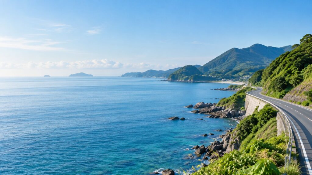海沿いに続く道と、遠くに浮かぶ島影