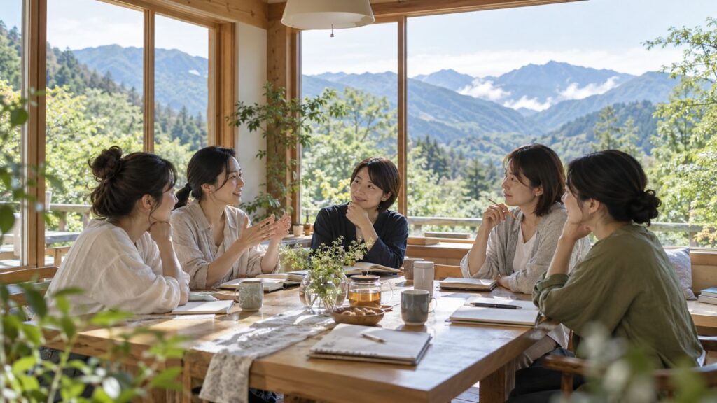 山の見える部屋で語り合う人たち