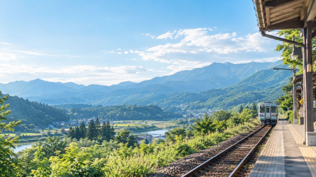 山あいの小さな駅と列車