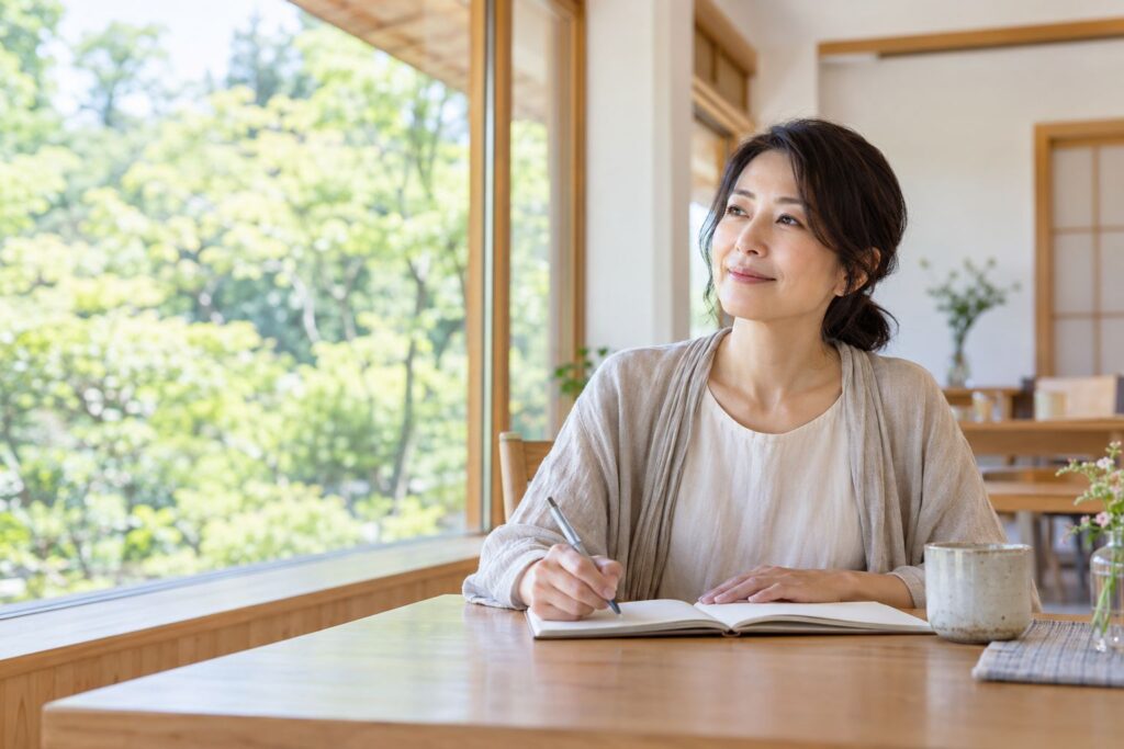 ノートを前に、これからの人生を静かに見つめ直す女性